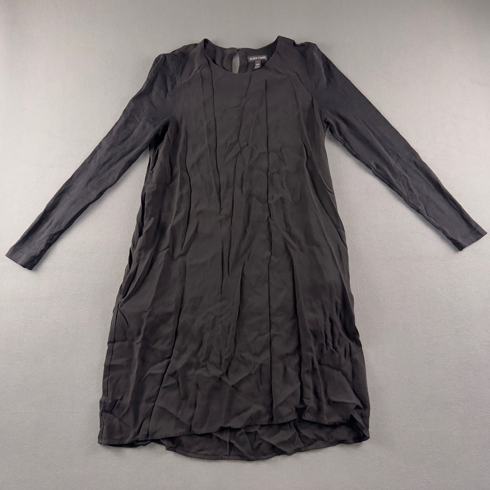 Eileen Fisher Black Silk Shift Dress Long Sleeve Keyhole Back XS R19GC1